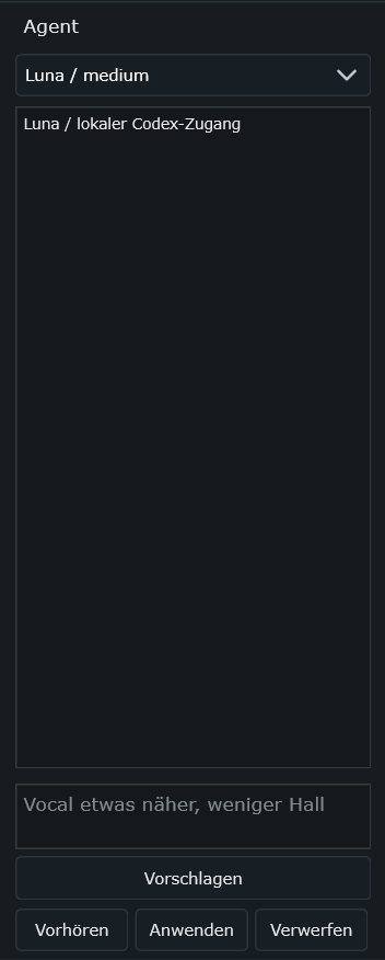 Agent-Panel der DAW mit Auftrag, Vorschlagen, Vorhören, Anwenden, Verwerfen