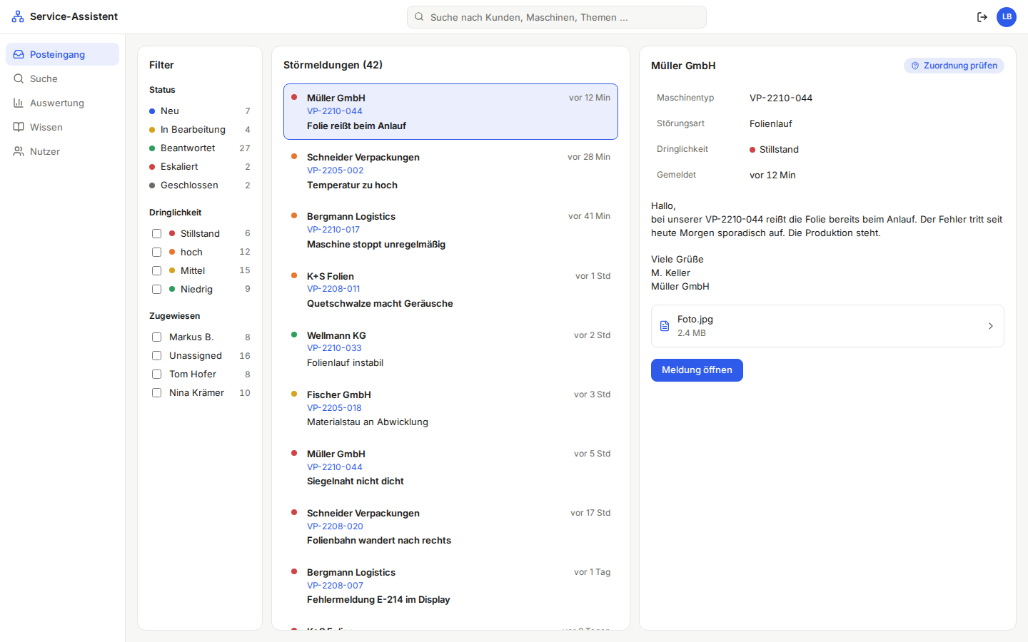 Posteingang des Service-Assistenten mit Filtern, Störmeldungen und Vorschau